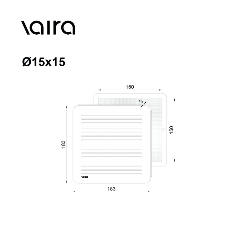 Větrací mřížka bílá 15x15 VAIRA – rozměry / technický výkres