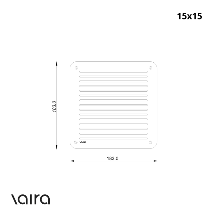Větrací mřížka nerezová 15x15 VAIRA – rozměry / technický výkres